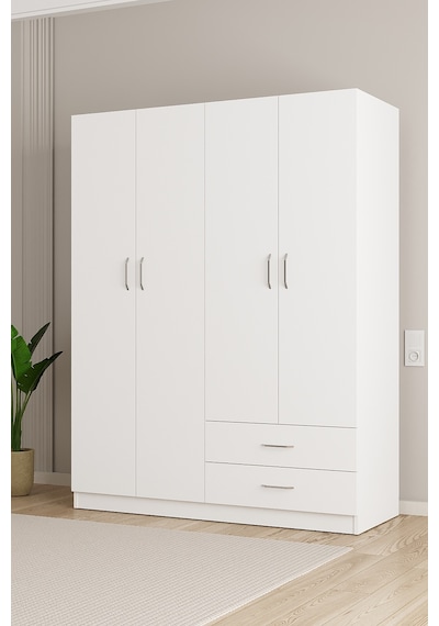Aeka Ae-1077 Terra 4 Kapaklı 2 Çekmeceli 3 Askılıklı Raflı 140x182x53 Cm Gardırop Beyaz