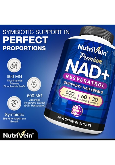 Nutrivein Premium Nad + Resveratrol 600 Mg Aging Cognition Metabolism Overall Well-being 60 Caps
