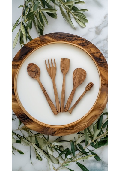 Zeytin Ağacı 5 Parça Ahşap Mutfak Seti, Tahta Kaşık, Çatal, Spatula, Bal Kaşığı El Yapımı