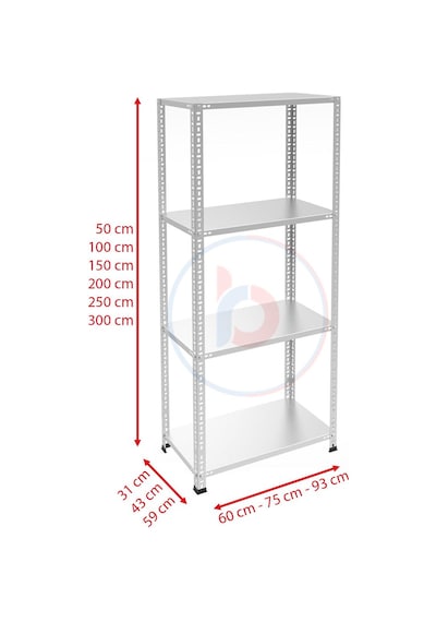 Raf Burada  4 Katlı Galvaniz Çelik Raf - Depo, Arşiv, Kiler, Dosya, Market Rafı-43x75 cm-100 cm-1.50 mm