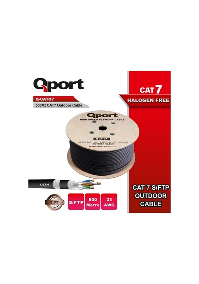 Q-cato7 500m Cat7 Lsoh S/ftp Full Bakır 23awg Siyah Halogen Free Kablo