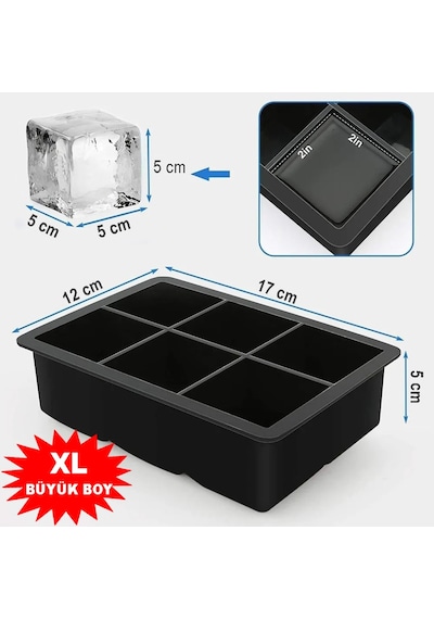 İndecor Houseware Siyah Silikon 6'lı Kare Buz Kalıbı - 6 Bölmeli Buzluk 5cm Dev Buz Küpleri - Sunum Buz Küpü
