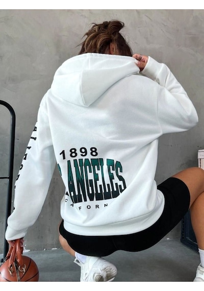 Altamira Unisex Beyaz Los Angeles Kol Baskılı Kapşonlu Oversize Sweatshirt 001