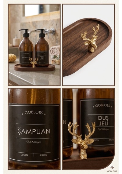 Amber Şişe Sabunluk Cam İkili Şampuan-duş Jeli Banyo Düzenleyici Klasik Gold Geyik Ahşap Standlı 500ml