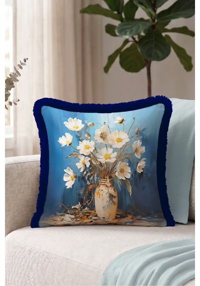 Çiçekli Vazo Desen Saçaklı Yastık Kılıfı-natürmort Floral Mavi Krem Lacivert Püsküllü Kırlent Kılıfı Uzak Ufuk Aura Çiçekli Vazo Desen Saçaklı Yastık Kılıfı-natürmort Floral Mavi Krem Lacivert Püsküllü Kırlent Kılıfı Uzak Ufuk Aura