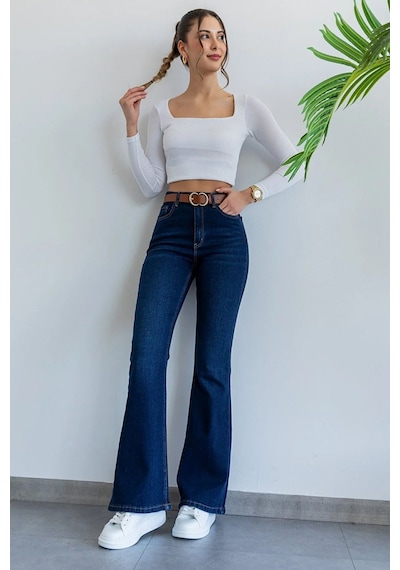 Woddi Pamela Ispanyol Lacivert Kot Yüksek Bel Likralı Ekstra Esnek Flare Jeans Kot Pantolon Laci Vert