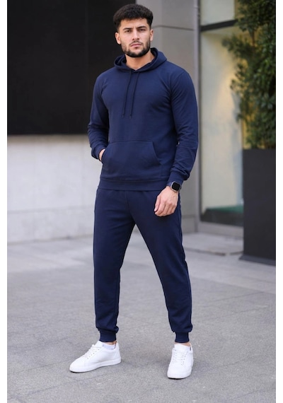 Moda Erkek İki İplik Kapüşonlu Kanguru Cepli Sweatshirt Jogger Pantolon Alt Üst Eşofman Takımı - Lacivert Çok Renkli