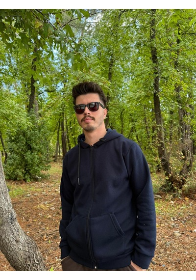 Erkek Oversize Kapüşonlu Tam Fermuarlı Kanguru Cepli Şardonlu Sweatshirt Lacivert
