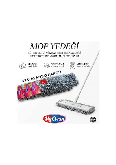 My Clean Süper Emici Mikrofiber 3 Lü Mop Yedeği 60 Cm