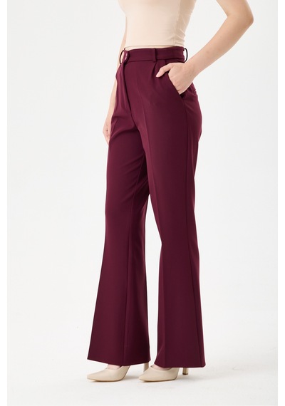 Velnara Moda Mürdüm İspanyol Paça Cepli Yüksek Bel Dokuma Kumaş Kadın Pantolon Bordo Mürdüm - 918305891 Bordo Mürdüm