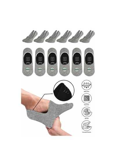 Saysez Bambu Erkek Babet Çorap Gri Melanj Dikişsiz Görünmez Kaydırmaz Topuk Silikonlu Premium 6'lı Paket Gri