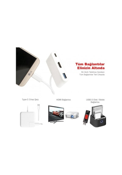 3 İn1 Type-C To HDMI 4K USB 3.0 Çevirici Dönüştürücü Adaptör