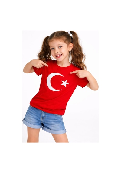 Kız Çocuk Tişört Bisiklet Yaka Ay Yıldız Bayrak Baskılı T-shirt - Kırmızı Çok Renkli