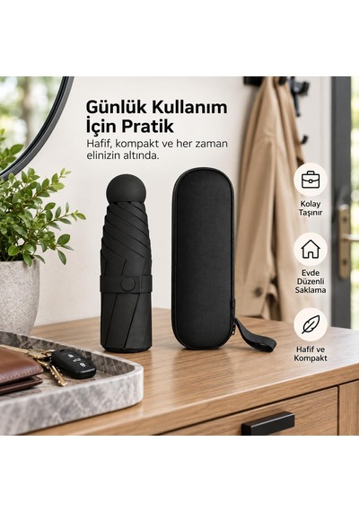 Sena Ticaret Mini Kapsül Şemsiye - Uv Korumalı Portatif Katlanır Siyah