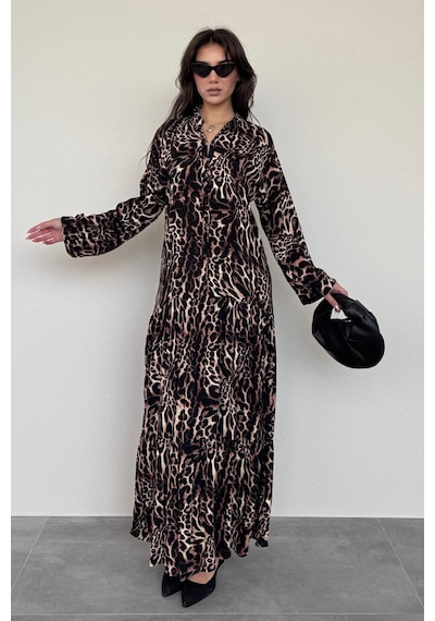 Madmext Siyah Leopar Desenli Düğmeli Kadın Elbise Mg2399 Siyah