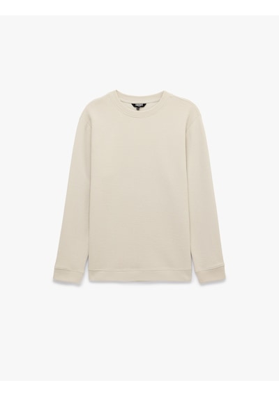 Koton Pamuklu Uzun Kollu Dokulu Basic Bisiklet Yaka Sweatshirt Bej 7wam70014mk Ekru
