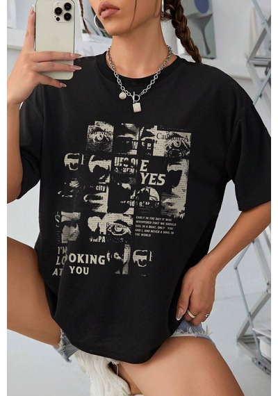 Uyguntarz Unisex Looking Baskılı Oversize %100 Pamuk T-shirt Siyah