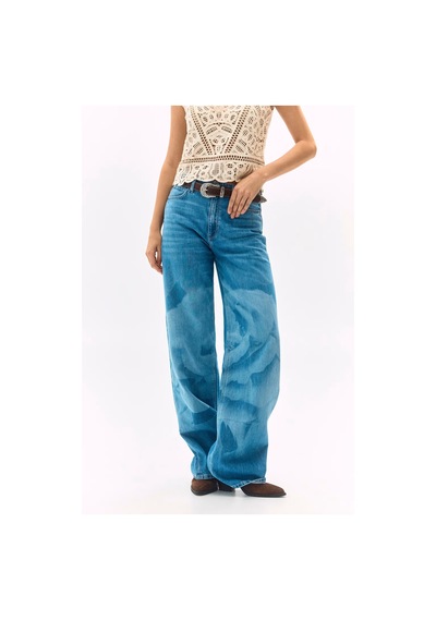 Guess Indigo Baskılı Geniş Paça Kadın Jean Pantolon W6ga1ad0696 Mavi
