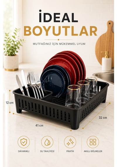 Sas Haus Bulaşıklık Tezgah Üstü Tabak Bardak Kurutmalık Plastik Bulaşık Sepeti 33x41 Cm Siyah S-10567