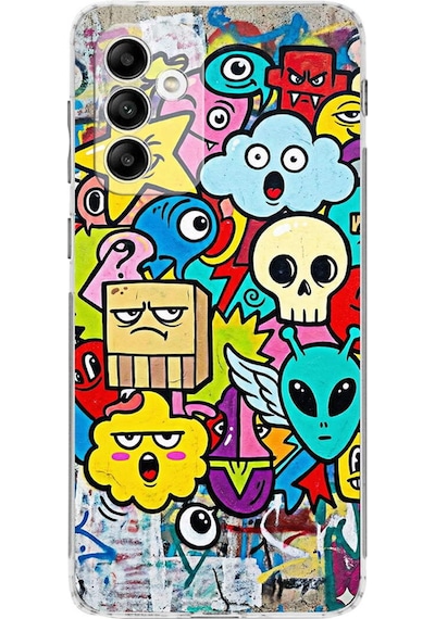 Samsung Galaxy M13 İle Uyumlu Grafiti Doodle Tasarımlı Şeffaf Silikon Kılıf Şeffaf