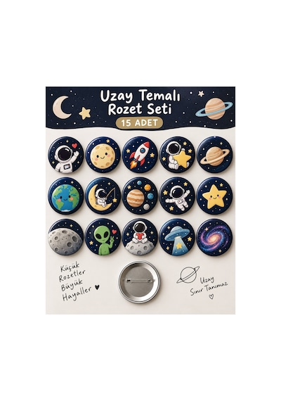 Minikutunuz 15 Li Uzay Temalı Rozet Seti Astronot, Gezegen, Roket Ve Galaksi Desenli Çocuk Rozetleri Diğer