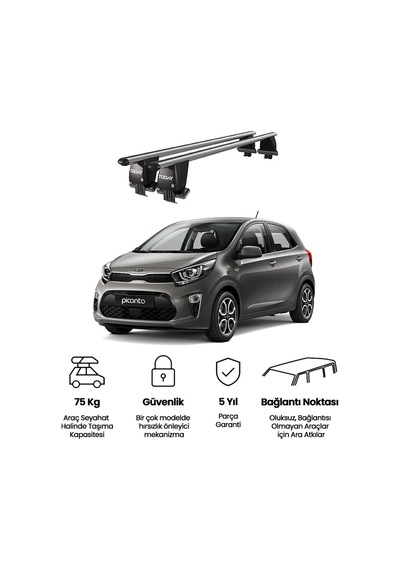 Royal Kia Picanto 2017 Ve Sonrası Uyumlu Gri Kilitli Ara Atkı Port Bagaj Tavan Barı