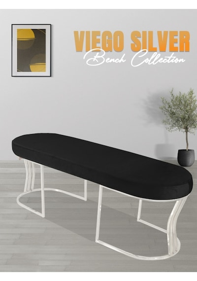 Viego Silver Smooth- Siyah Kapitoneli Model Puf & Bench & Koltuk- Oturak-uzun Makyaj Puff-yatak Odası Ucu &önü