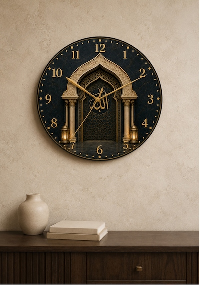 AA Shop Dini Desenli Duvar Saati Modelleri İslami Motifli Dekoratif Baskılı Ahşap Sessiz Duvar Saati 849 Çoklu Renkli