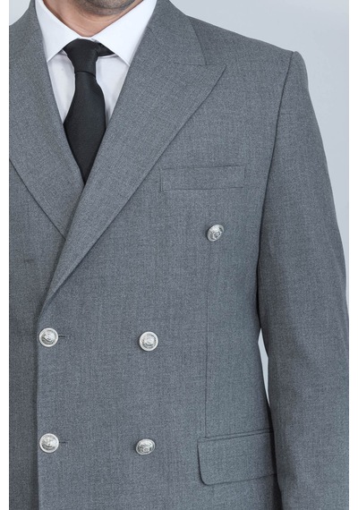 Gümüş Renk Metal Düğmeli Slim Fit Kruvaze Antrasit Erkek Takım Elbise Wessi Gri