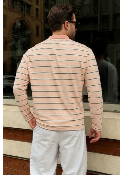 Madmext Pudra Regular Fit Çizgili Polo Yaka Erkek Tişört E7192