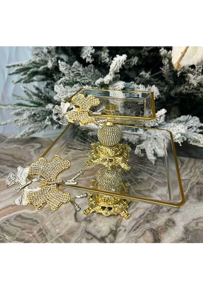 Elta Collection Paşabahçe 2 Li Kelebekli Elmas Kare Döküm Ayaklı Pasta Sunumluk Kurabiyelik Goldd
