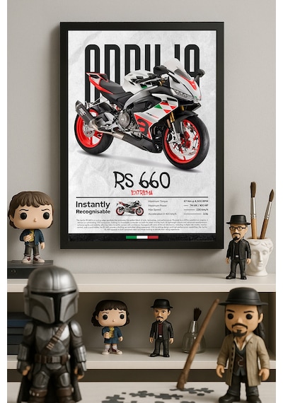 Aprilia Rs 660 Extrema Siyah Ahşap Çerçeveli Poster, Dekoratif Motosiklet Duvar Tablosu Çok Renkli