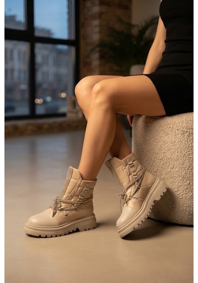 Shoetek Giza Kadın Kar Botu Taşlı Bağcıklı Paraşüt Kumaş Bej
