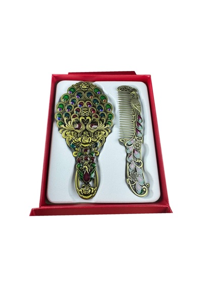 Tavus Kuşu Desenli Vintage Ayna Tarak Seti Özel Tasarım Ve Özel Kutulu 13,5 Cm & 13 Cm Yeşil