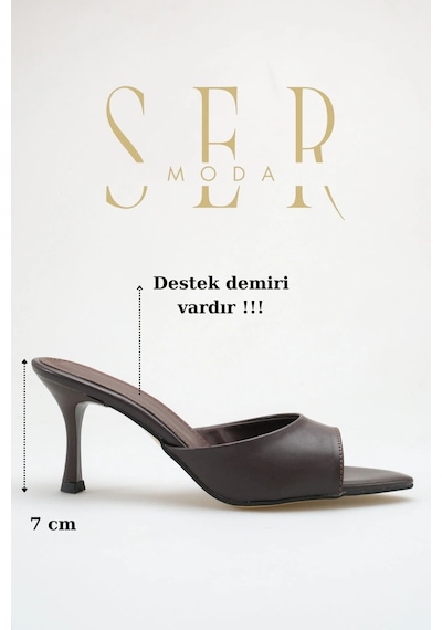 Sermoda Topuklu Kadın Terlik - 7 Cm İnce Topuklu Sivri Burun Kadın Terlik Kahve