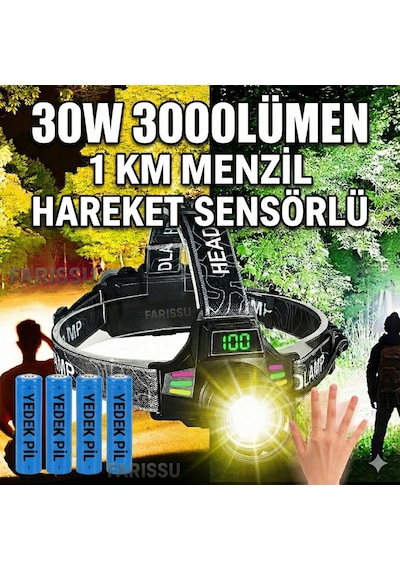 Yedek Pilli 30w Sensörlü Kafa Lambası - Dijital Şarj Göstergeli, 3000 Lümen, Type-c Şarjlı Su Geçirmez Siyah