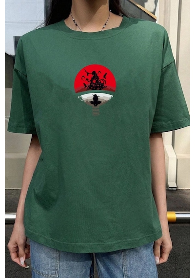 Unisex Itachi Uchiha Baskılı T-shirt Yeşil