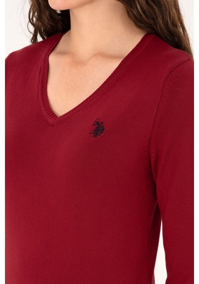 U.S. Polo Assn. Kadın Kırmızı V Yaka Basic Kazak 50313590-VR104 U.S. Polo Assn. Kadın Kırmızı V Yaka Basic Kazak 50313590-VR104