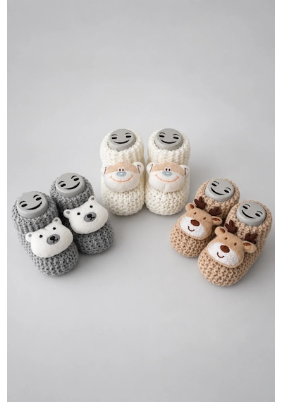 Örgü Patik, Yenidoğan Bebek Patiği, Peluş Hayvan Figürlü Triko Panduf, 3lü Set - Maymun-ayı-geyik 3'lü Set Çok Renkli