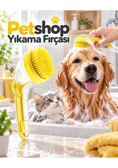 Lexroo Kedi Köpek Banyo Ve Masaj Fırçası Şampuan Hazneli Yumuşak
