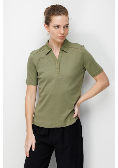 Kadın Polo Yaka İğne İşlemeli Pamuklu Penye T-shirt Haki Haki