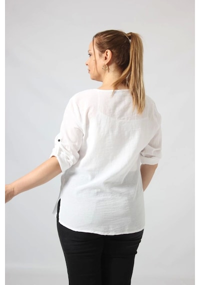 Moda Berray 3293 Beyaz Çiçek Baskılı Organik Keten Kumaş Mevsimlik Gömlek Beyaz