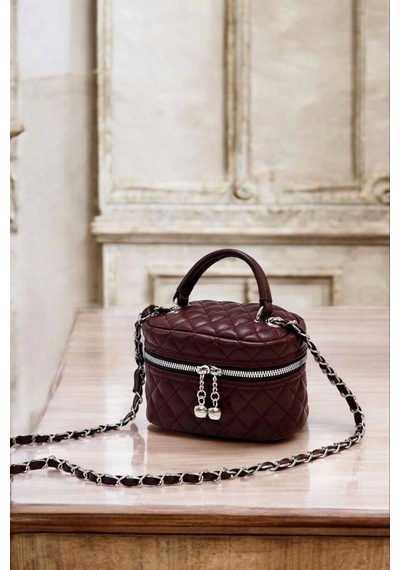 Leslie Bordo Kapitone Desen Kadın Kutu Crossbody Bag Bordo Cilt Bordo