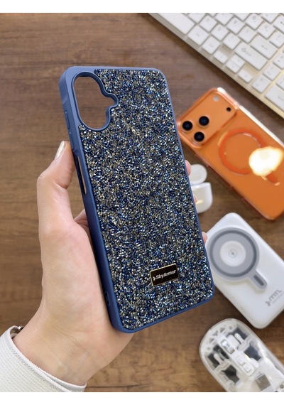 Samsung A07 Uyumlu Kadife İç Yüzey Tasarımlı Taşlı Işıltılı Parlak Pırlanta Kılıf Dia Plus Lacivert
