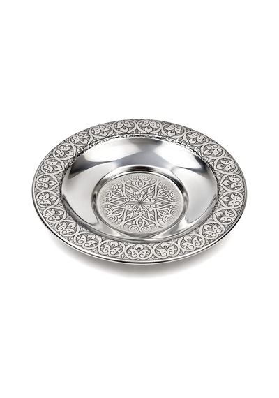 Binbir Trend 10 Cm Otantik Desenli Paslanmaz Çelik Çay Tabağı, Kırılmaz Metal Çay Bardağı Altlığı 6 Adet Gümüş