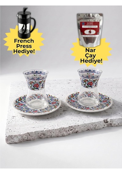 Çini Desenli 2 Kişilik Çay Bardağı Seti - Tabaklı Ince Belli Çay Takımı + French Press & Nar Çay Hediyeli Çok Renkli