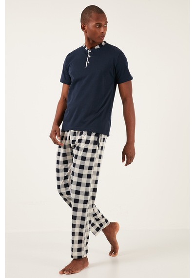 Buratti Ekoseli Pamuklu Regular Fit Kısa Kollu Erkek Pijama Takımı 60961007 Lacivert-Beyaz