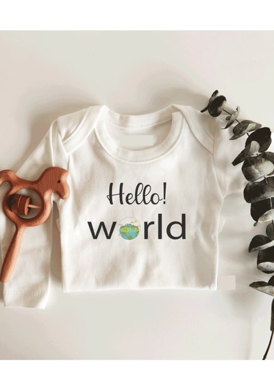 İmaj Tuğbababy Hello World Dünya Desenli Uzun Kol Çıtçıtlı Organik Bebek Body Beyaz
