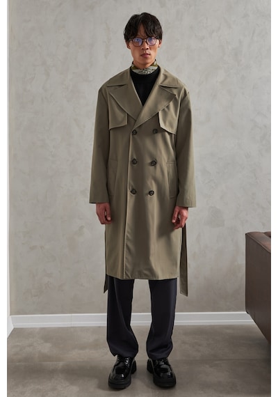 Erkek Kruvaze Yaka Oversize Trençkot Haki