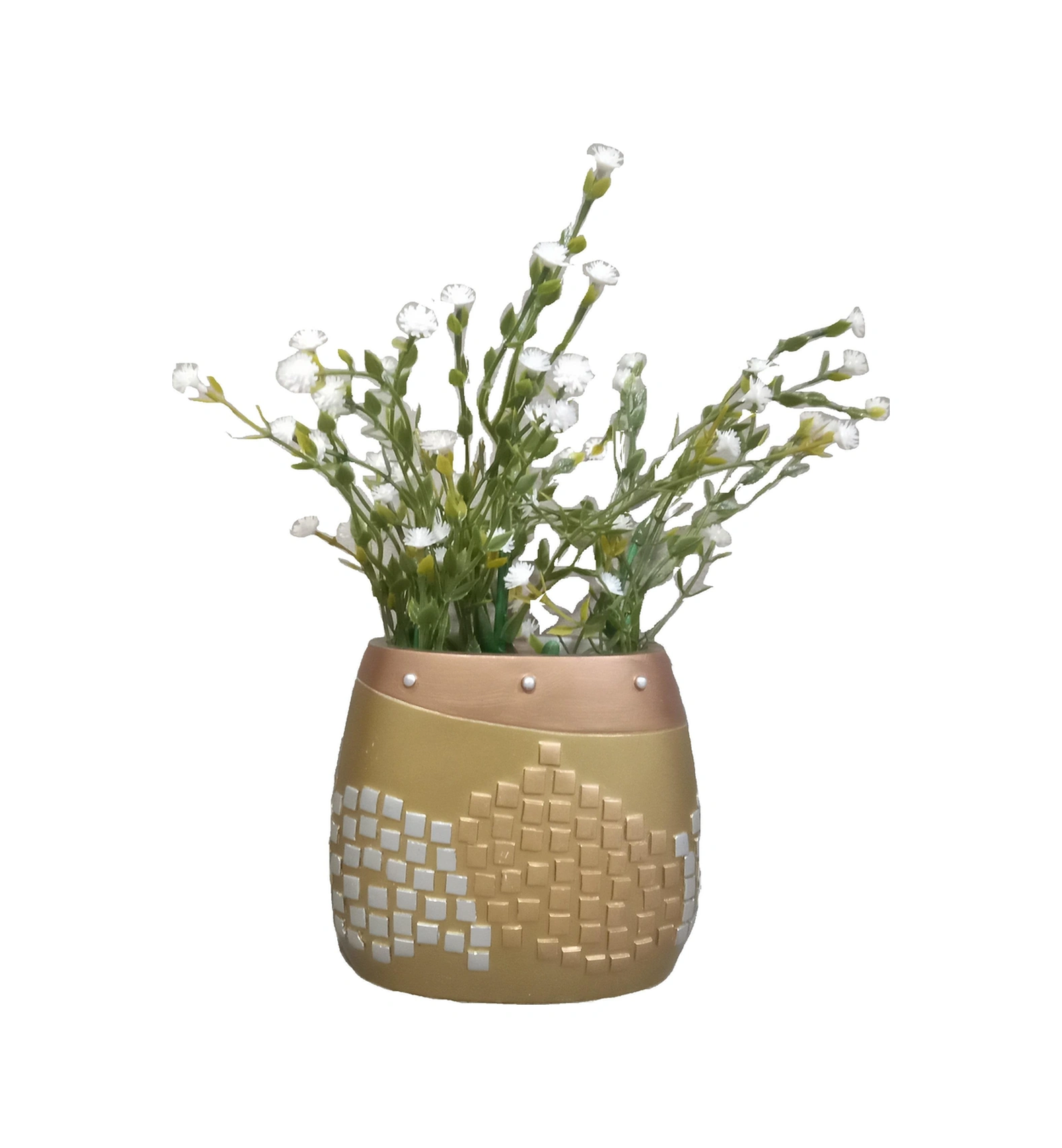 2 Adet Vazo Dahil,vazoda Çiçek,beyaz Yapay Çiçek,vazo Dekoratif Altın Mozaik Poliresin 10x15x5cm Çok Renkli